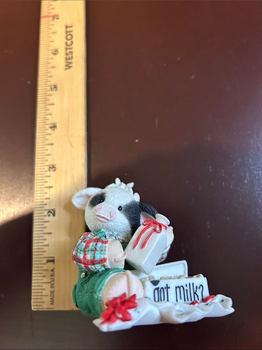 Cute Cow Figurine  - White and Black with Green Outfit. Got milk.